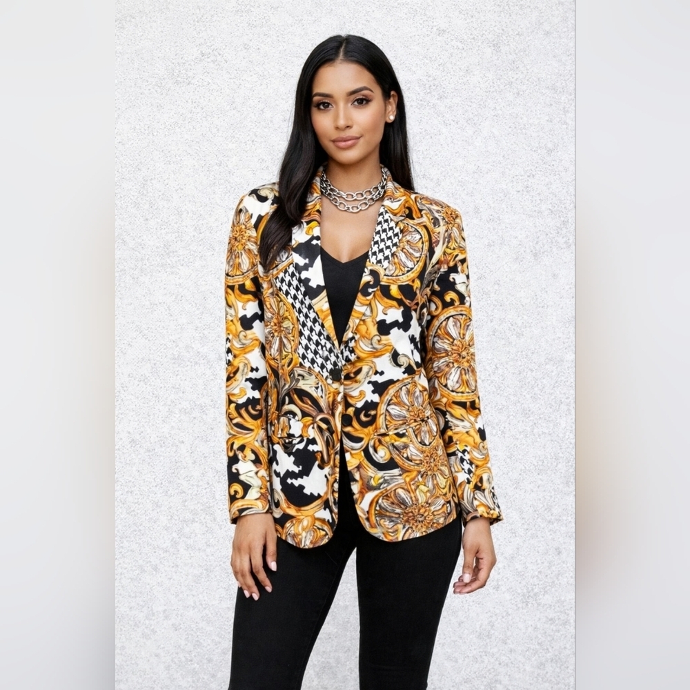Express Black, White & Gold Patterned Blazer
